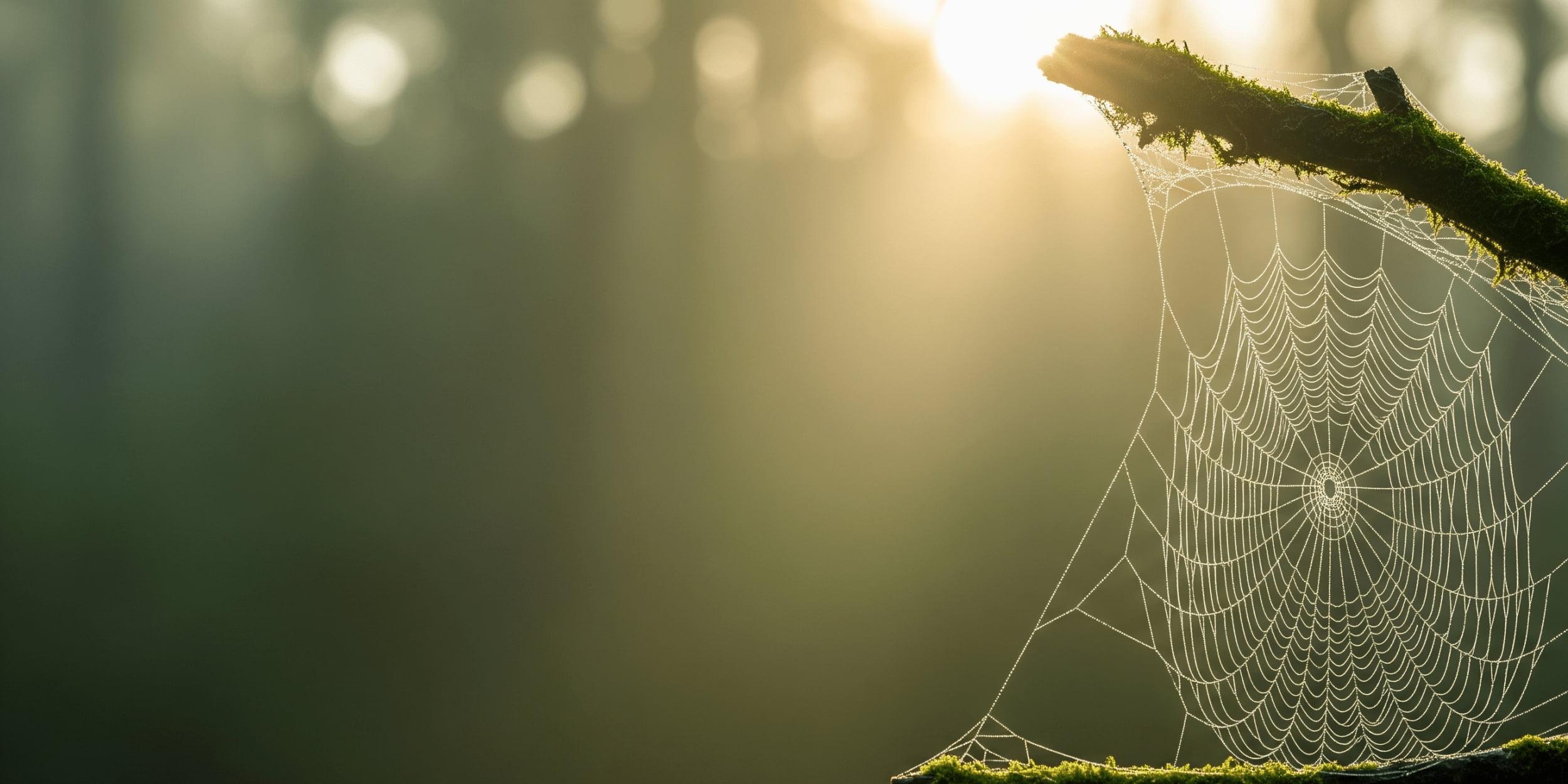 A delicate, dew-covered spider web stretched between mossy branches in a misty forest at sunrise, symbolizing the interconnected and decentralized nature of Web 3.0.