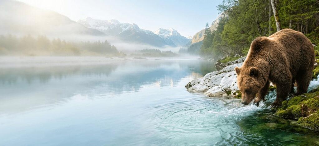 A large brown bear carefully fishing at the edge of a crystal-clear mountain river in a misty alpine valley, representing the direct and focused gathering of first-party and zero-party customer data.