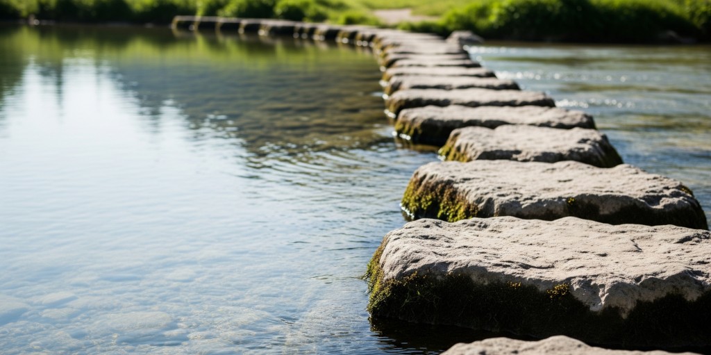 A series of large, mossy stepping stones creating a stable path across a clear, flowing river, representing the structured and reliable steps needed to make market research more successful.