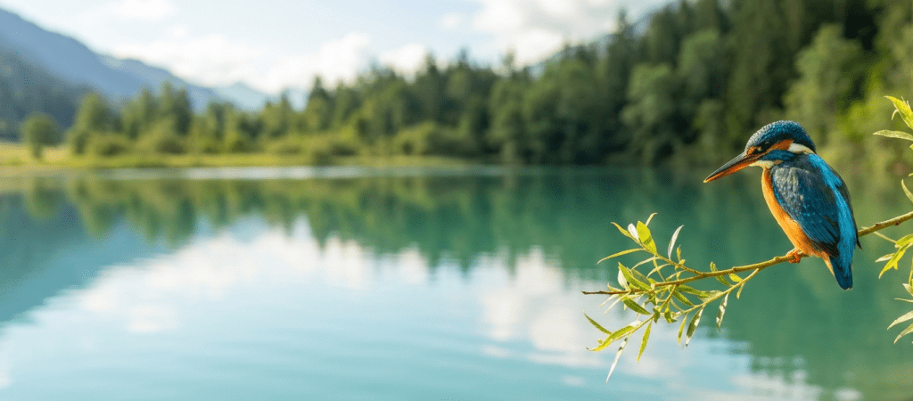 A vibrant common kingfisher perched on a willow branch overlooking a calm, turquoise alpine lake, symbolizing precision and the natural gathering of insights in a serene environment.