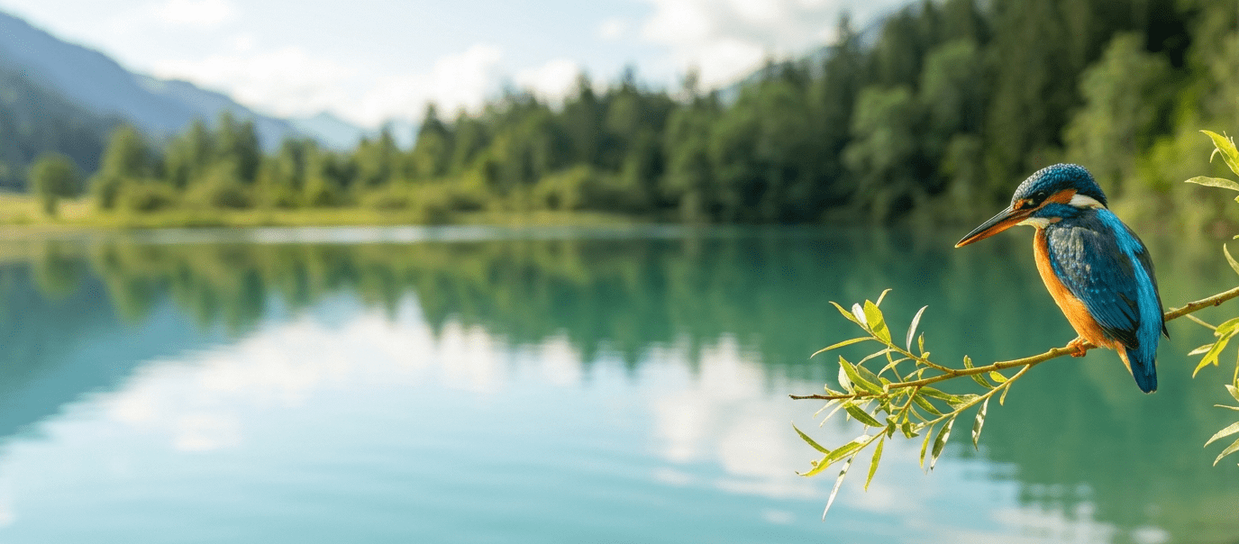 A vibrant common kingfisher perched on a willow branch overlooking a calm, turquoise alpine lake, symbolizing precision and the natural gathering of insights in a serene environment.