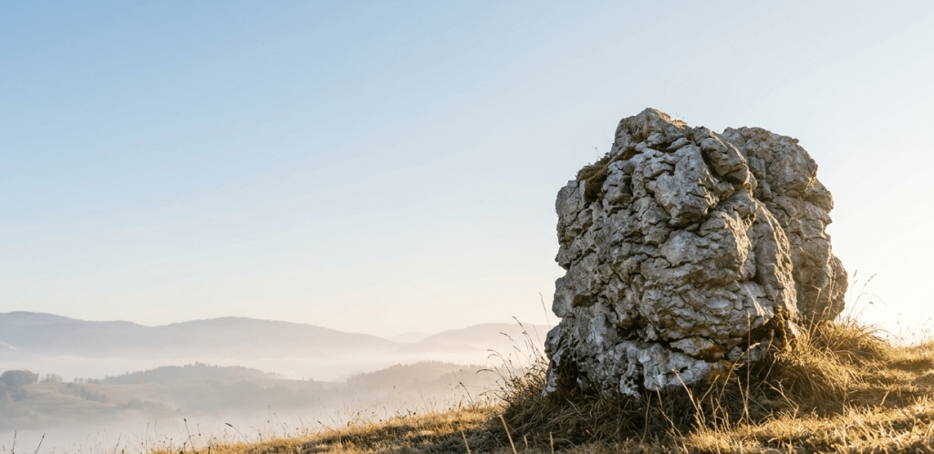 A prominent, rugged rock formation standing on a grassy hill at sunrise, overlooking a vast misty valley and distant mountains, representing stability and the new physical foundation of our office location.