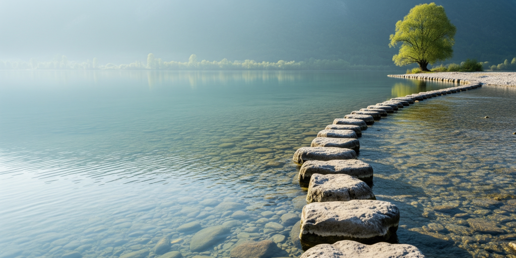 A path of stepping stones leading across a calm, clear lake towards a solitary green tree on the shore, representing the structured and reliable journey of building internal research panels.