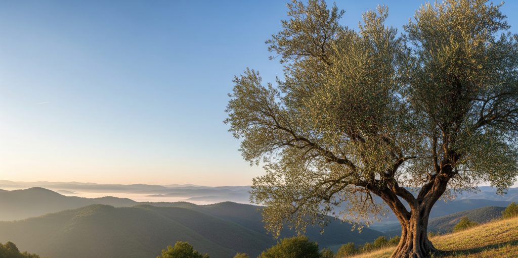 A large, ancient olive tree standing on a sun-drenched hill overlooking a misty valley of rolling hills, symbolizing the stability, growth, and long-term outlook of the e-commerce market.