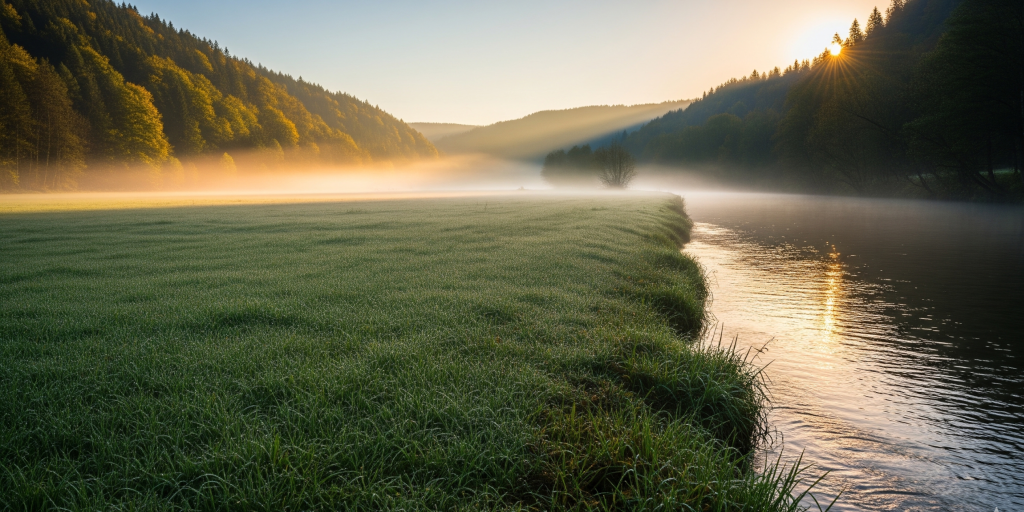 A serene morning landscape featuring a dew-covered green meadow beside a calm river, with the sun rising over forested hills and mist rolling through the valley, symbolizing new financial opportunities and the flexibility of payment options.
