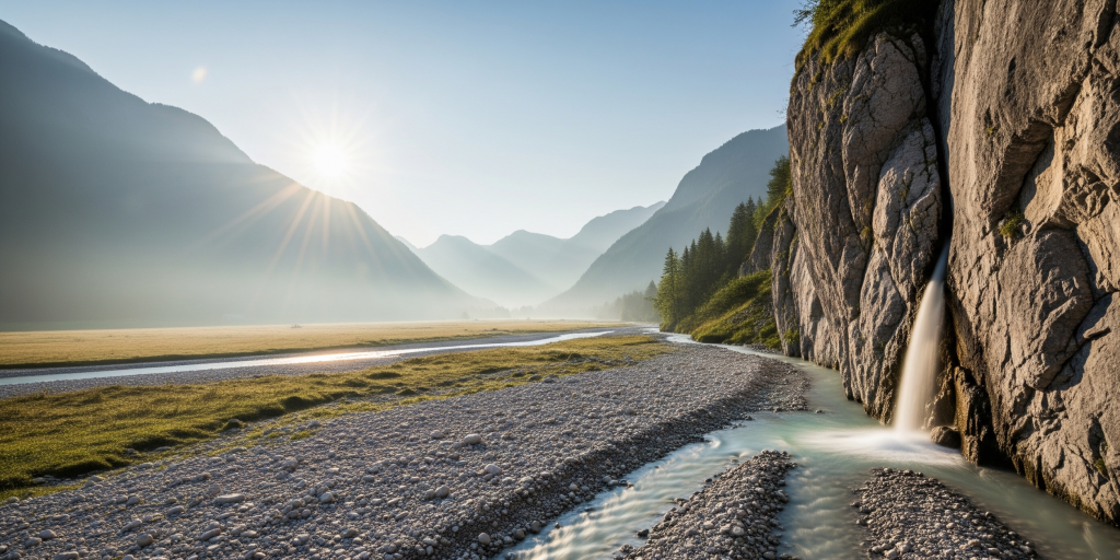A small waterfall flowing from a sheer cliff into a clear mountain stream within a sunlit alpine valley, symbolizing the steady flow of new data and emerging marketing technology trends.