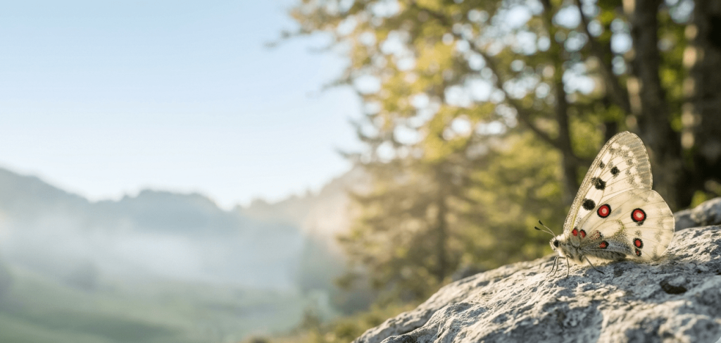 An Apollo butterfly with distinct red spots resting on a sunlit rock, overlooking a misty valley and forest, representing the delicate and final touchpoint of brand experience at the point of sale.