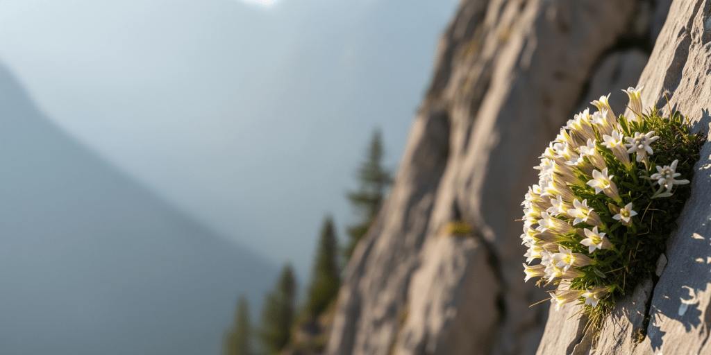 A resilient cluster of white alpine flowers blooming from a narrow crack in a steep rock face, representing growth and quality management in a challenging environment.