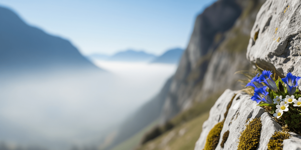 Vibrant blue gentian flowers blooming from a rocky crevice high above a mist-covered mountain valley, representing the discovery of new opportunities and growth in a saturated market.