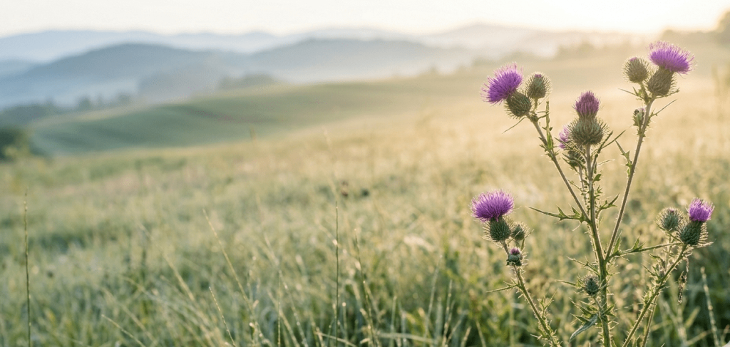 Purple thistle flowers blooming in a misty meadow at sunrise, representing resilience and the changing nature of customer loyalty in a competitive landscape.