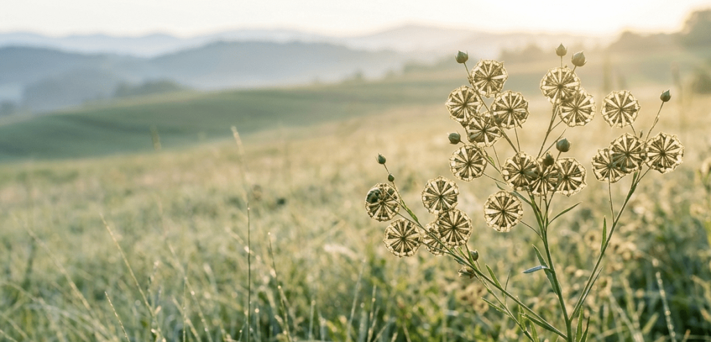 Delicate, circular seed pods of a wild plant standing in a dew-covered meadow at sunrise, with rolling hills in the background, representing the structured and precise outlook for market research in 2023.