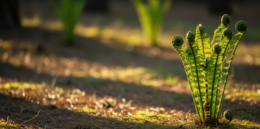 Young green fern fronds unfurling from the forest floor in soft morning sunlight, representing the organic growth, potential, and development phases of a startup through market research.