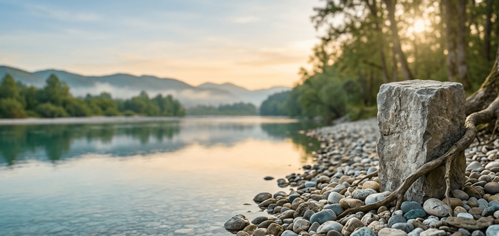 A solid stone monolith standing firmly on a pebble riverbank next to strong tree roots, with a calm river and misty mountains in the background, symbolizing the established foundations of market research.