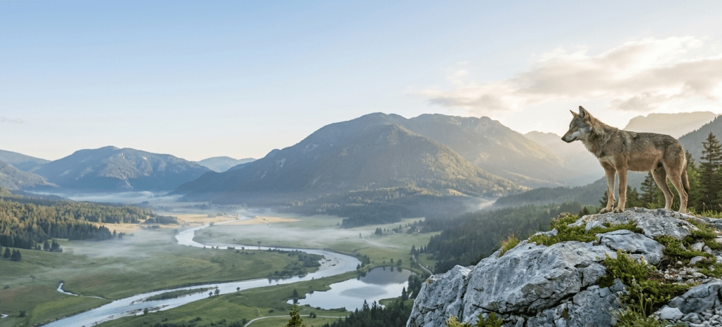 A majestic wolf standing on a rocky outcrop, surveying a vast mountain valley with a winding river at sunrise, symbolizing leadership, strategic overview, and the tracking of key performance indicators.