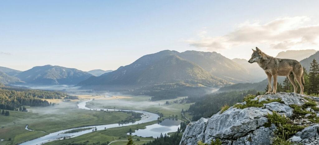 A majestic wolf standing on a rocky outcrop, surveying a vast mountain valley with a winding river at sunrise, symbolizing leadership, strategic overview, and the tracking of key performance indicators.
