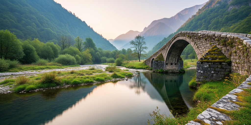 A scenic stone arch bridge crossing a clear river in a lush mountain valley at sunrise, symbolizing the solid connection, tradition, and enduring leadership discussed in the interview with Boris Horvat.