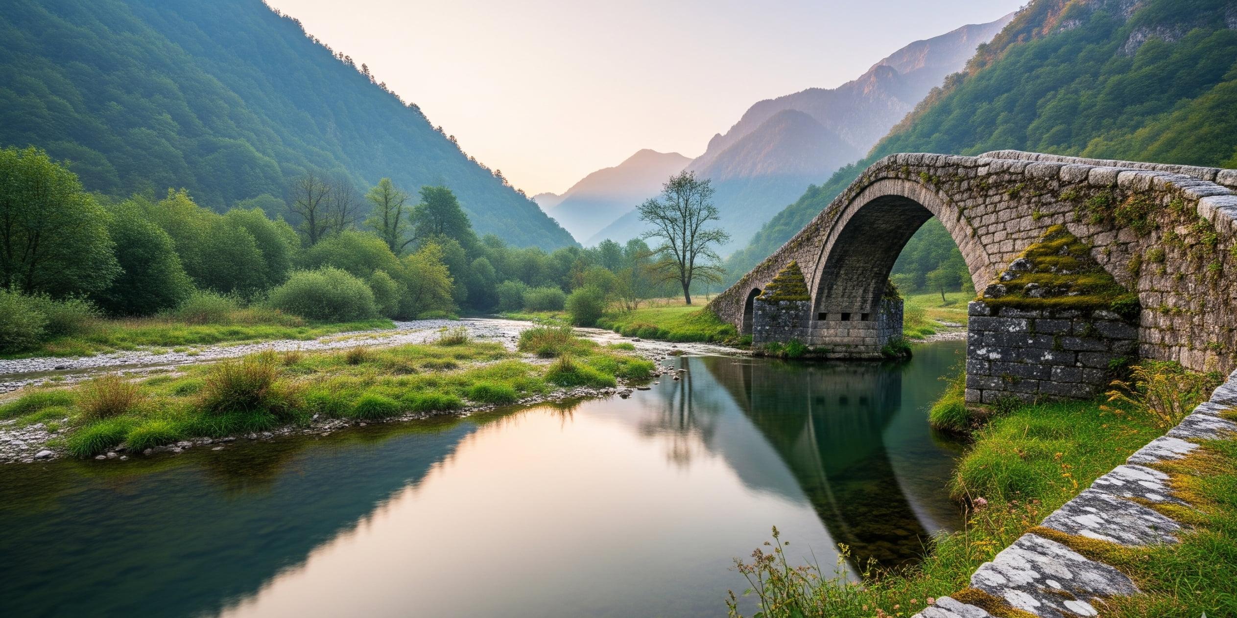A scenic stone arch bridge crossing a clear river in a lush mountain valley at sunrise, symbolizing the solid connection, tradition, and enduring leadership discussed in the interview with Boris Horvat.