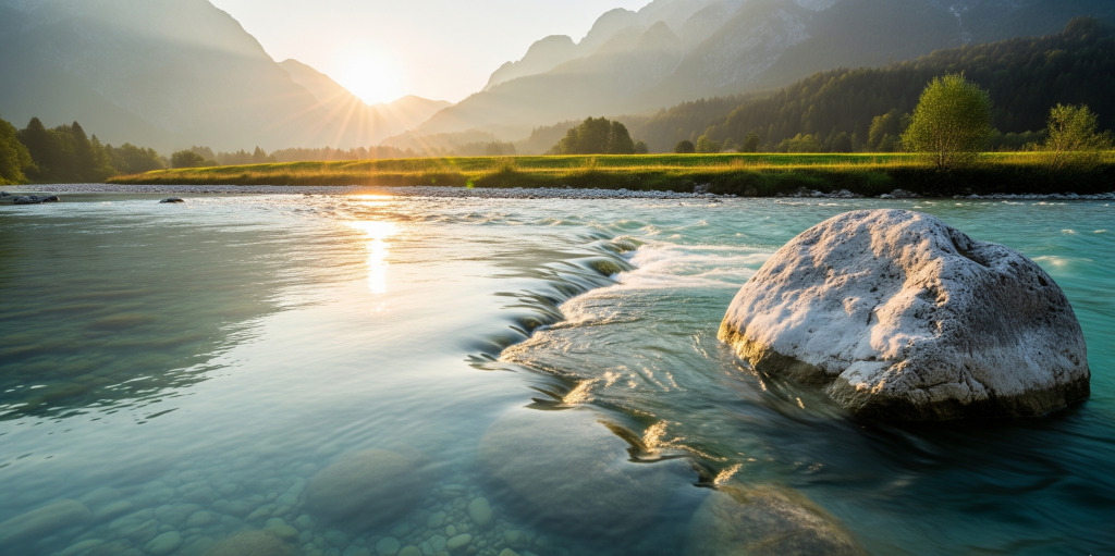 A crystal-clear mountain river flowing over smooth river stones at sunrise, representing the clarity, depth, and transparency achieved through diagnostic research.