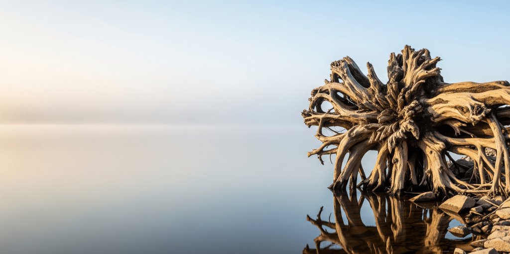 A massive, weathered tree root on a rocky shore reflected in calm water, symbolizing the strong data foundations and deep structural connectivity required for business intelligence development.