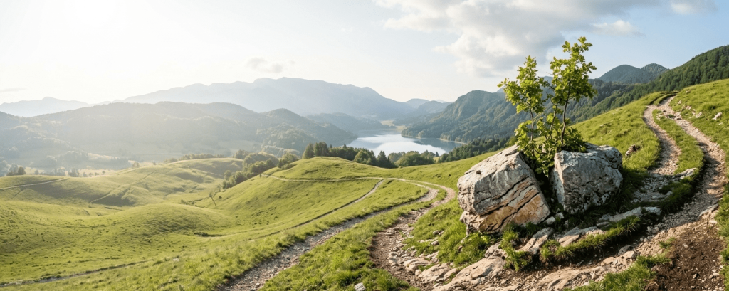 A narrow stone path leading through a rugged mountain landscape towards a calm turquoise lake, symbolizing the structured digital journey and connection provided by B2B portals.