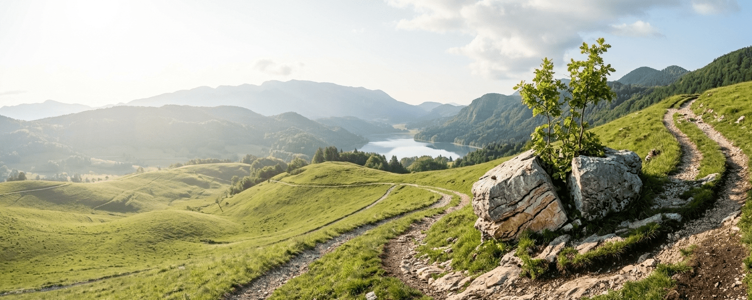 A narrow stone path leading through a rugged mountain landscape towards a calm turquoise lake, symbolizing the structured digital journey and connection provided by B2B portals.