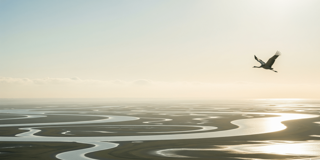 A crane flying over a vast, winding river delta at sunrise, representing the comprehensive strategic overview and navigation required for successful international market analysis.