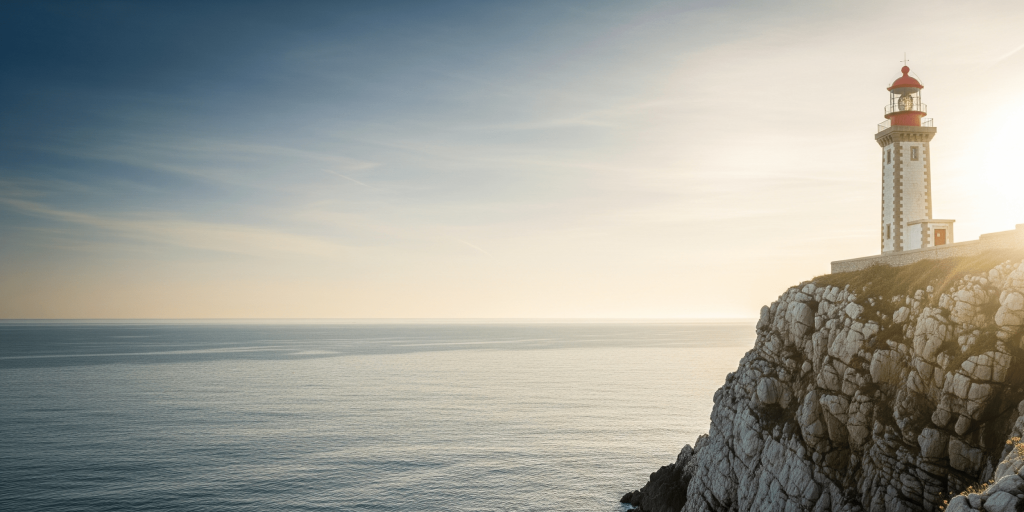 A tall lighthouse standing on a rocky cliff overlooking the vast ocean at sunset, symbolizing the clarity and guidance needed to identify and reach target users in a broad market.