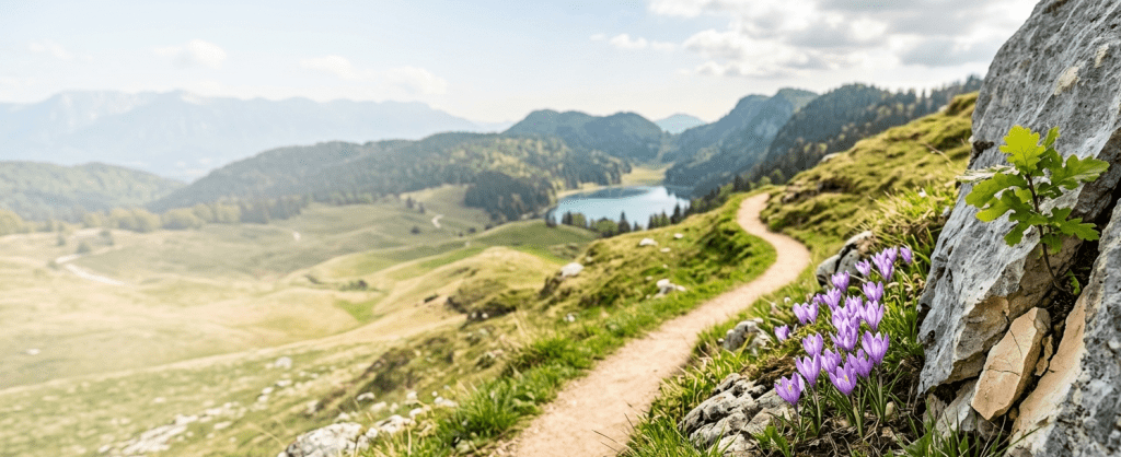 A narrow mountain path winding through green hills with purple crocuses and a small oak sapling growing from a rock, symbolizing the resilience and unique path of Generation Z.