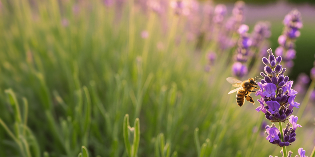 A honeybee collecting nectar from a purple lavender sprig in a sunny field, symbolizing the precision and efficient data gathering of ChatGPT as a market research tool.