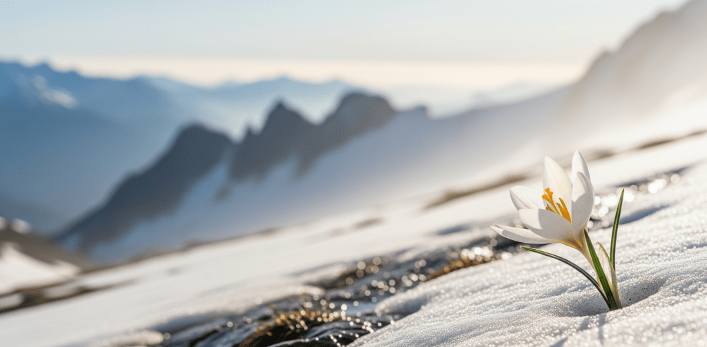A delicate white flower blooming through a layer of snow in high mountains, symbolizing resilience, fresh growth, and breakthrough market insights in a changing business environment.