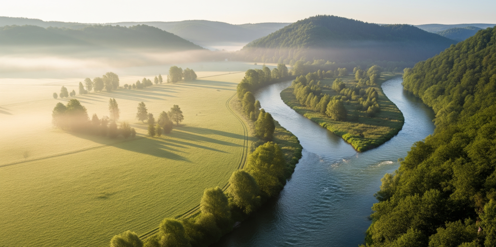 An aerial view of a wide river flowing through a green valley and connecting forested hills, symbolizing international collaboration and the seamless flow of data between global research partners.