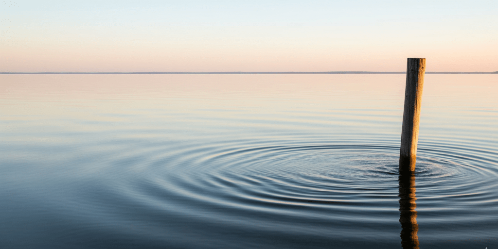 A single wooden post in calm water at sunset creating gentle ripples, representing the impact of individual survey responses and the broad reach of online data collection.
