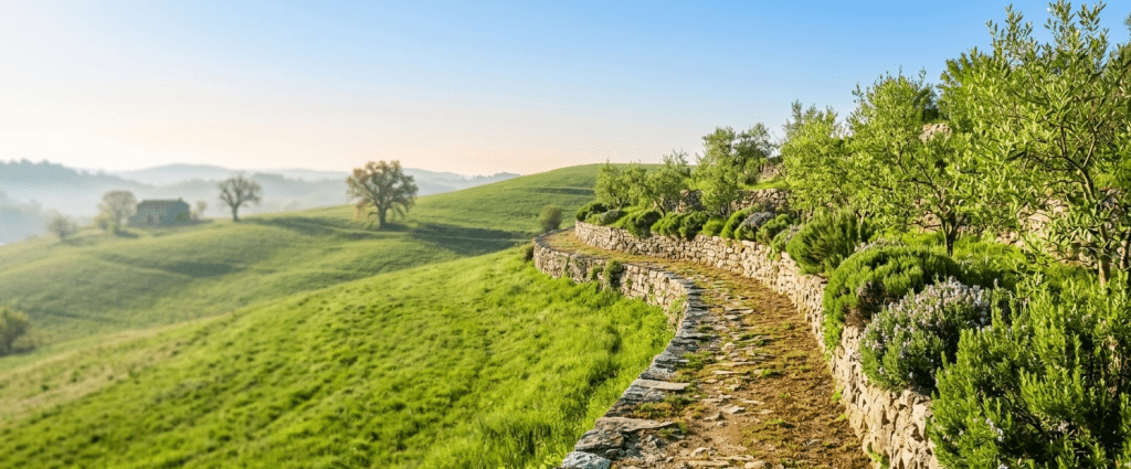 A winding stone path through lush green terraces and young trees under a clear sky, representing the structured yet blossoming path of Generation Alpha towards the future.