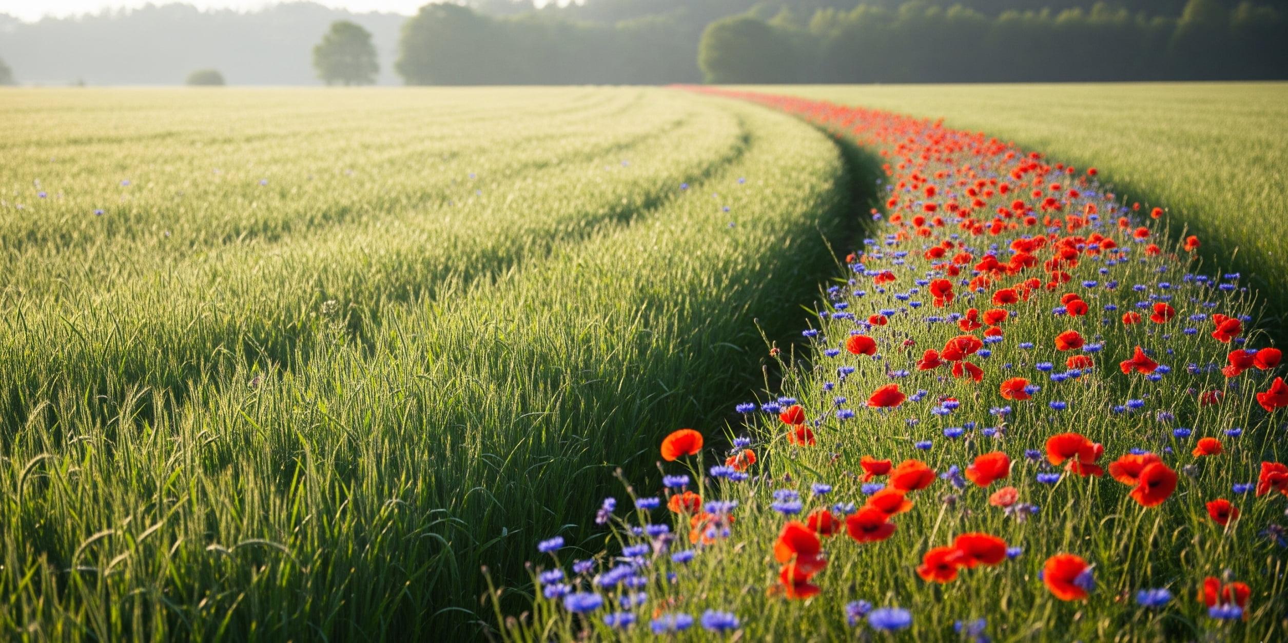 A vibrant path of red poppies and blue cornflowers cutting through a green wheat field, representing the unique perspective of Generation Z and the innovative approach of internal research panels.