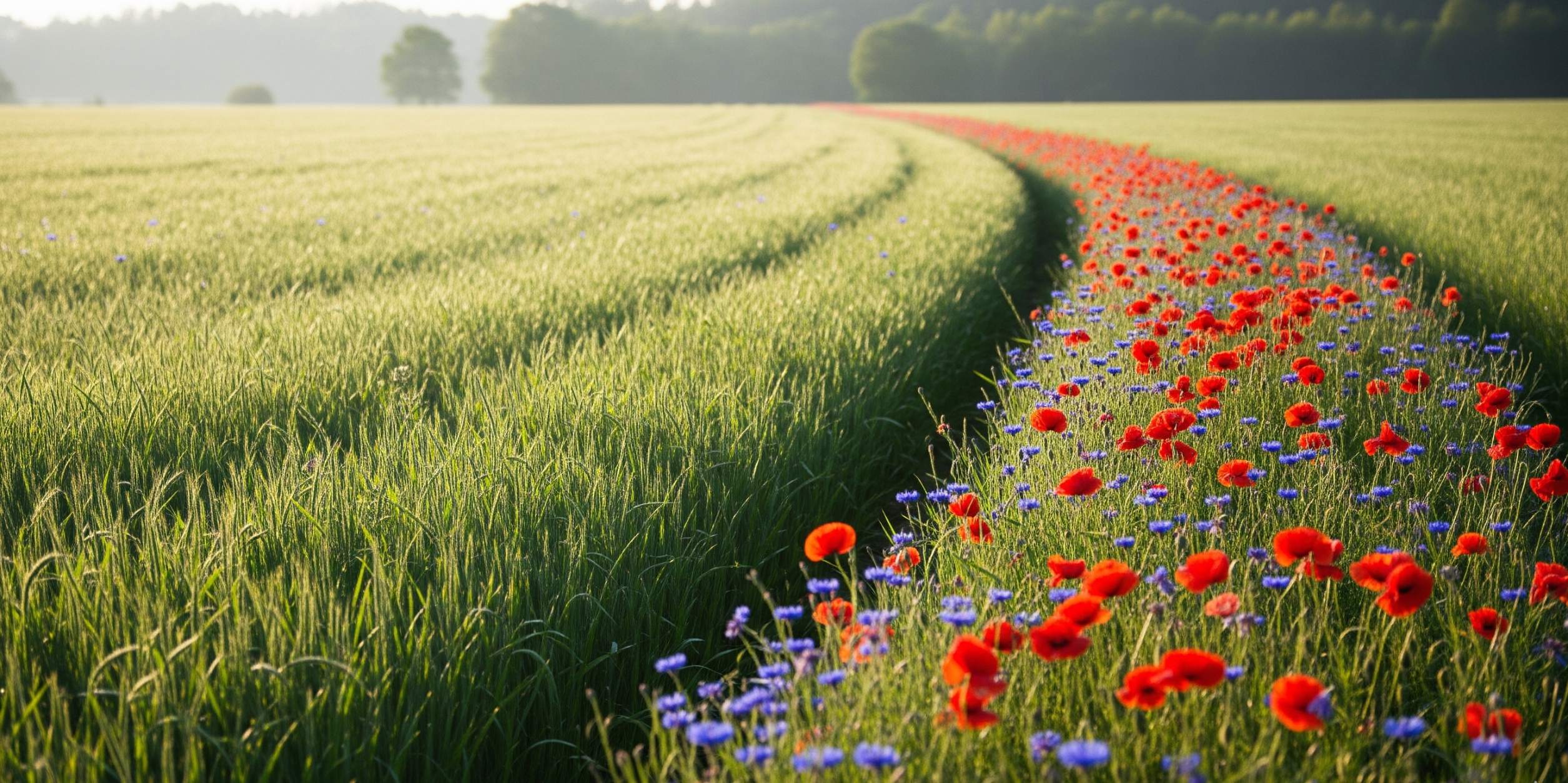 A vibrant path of red poppies and blue cornflowers cutting through a green wheat field, representing the unique perspective of Generation Z and the innovative approach of internal research panels.