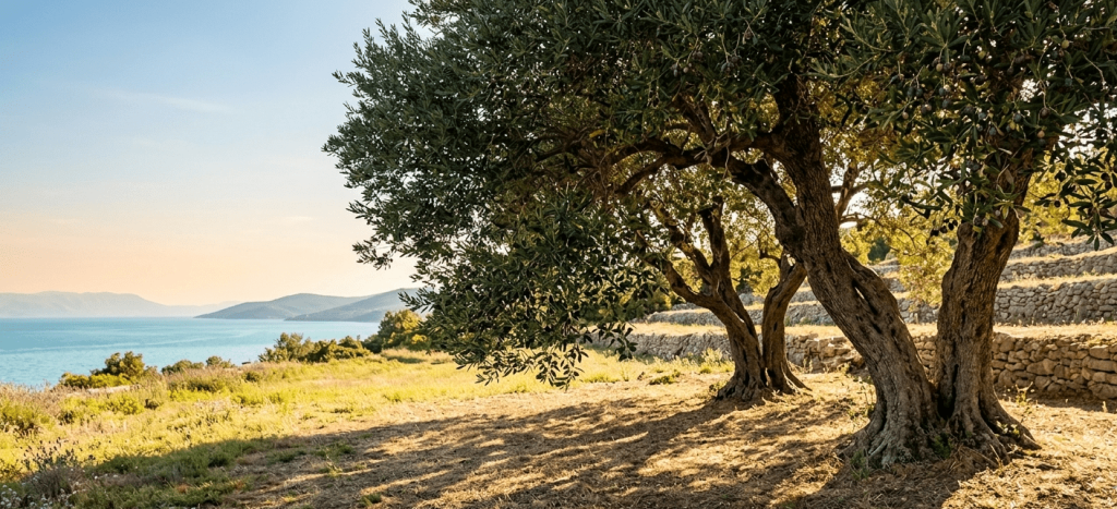 Ancient olive trees on stone terraces overlooking the sea at sunset, symbolizing long-term financial stability, wisdom, and the growth of personal savings and investments.