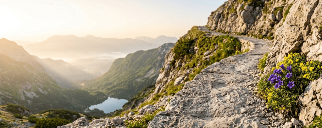 A narrow stone mountain path winding along a steep cliff overlooking a valley and lake, symbolizing the guided strategic direction and measurable path to success provided by ROI research panels.