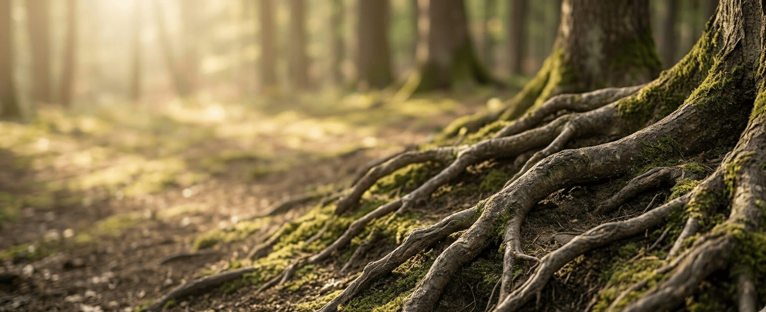 Strong tree roots spreading across a mossy forest floor in soft sunlight, representing the deep consumer insights and solid foundations needed for success in the retail industry.