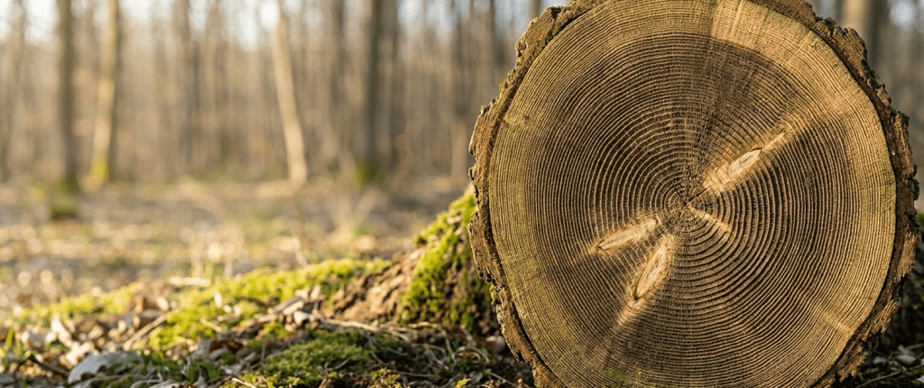 A close-up of a tree trunk section showing detailed growth rings in a sunny forest, symbolizing the layers of tradition, stability, and growth during a hotel renovation process.