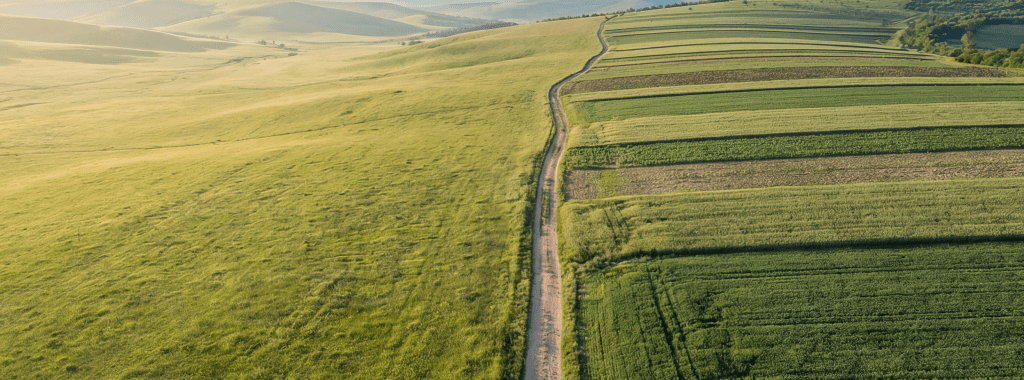 Wide sunlit landscape with a clear path crossing structured green fields, symbolizing how the closure of post office branches reshapes postal service habits and access. Photorealistic panoramic nature scene used as a metaphor for changes in postal branch availability and customer behavior.