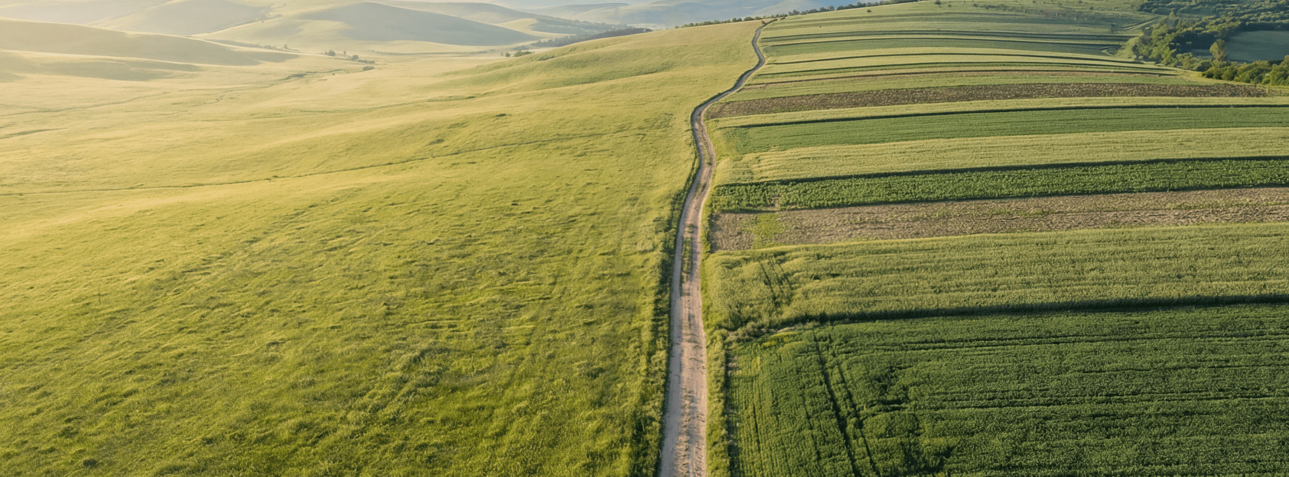Wide sunlit landscape with a clear path crossing structured green fields, symbolizing how the closure of post office branches reshapes postal service habits and access. Photorealistic panoramic nature scene used as a metaphor for changes in postal branch availability and customer behavior.