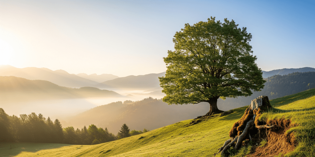 majestic lone tree on a grassy hilltop overlooking a misty valley at sunrise, representing a clear vision and the strategic overview of emerging market research trends.