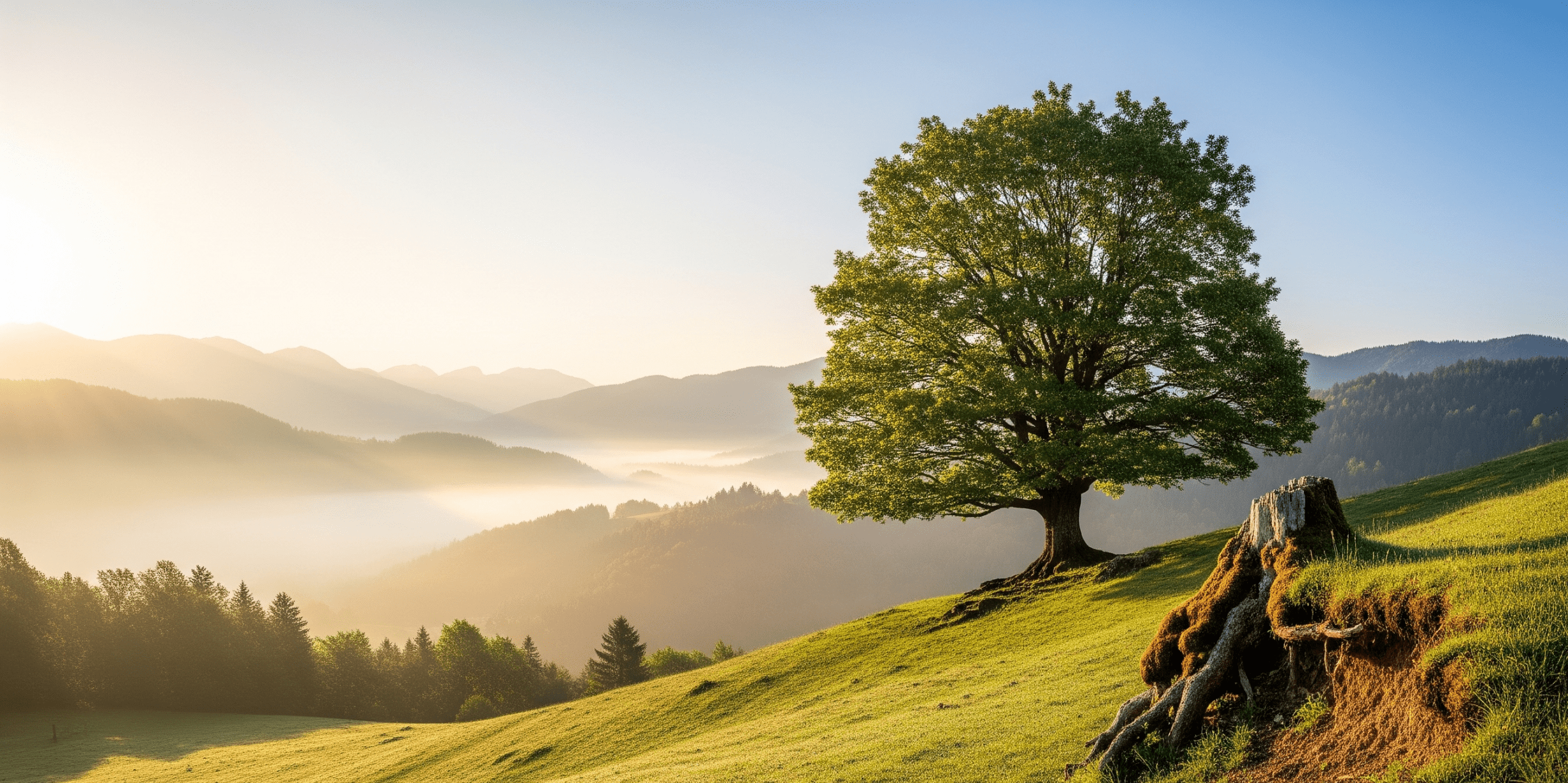 majestic lone tree on a grassy hilltop overlooking a misty valley at sunrise, representing a clear vision and the strategic overview of emerging market research trends.