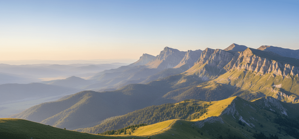 Panoramski razgled na sončno obsijane gorske grebene in doline, ki simbolizirajo preglednost, širino vpogledov ter strateško usmerjanje tržnih raziskav v digitalnem okolju.