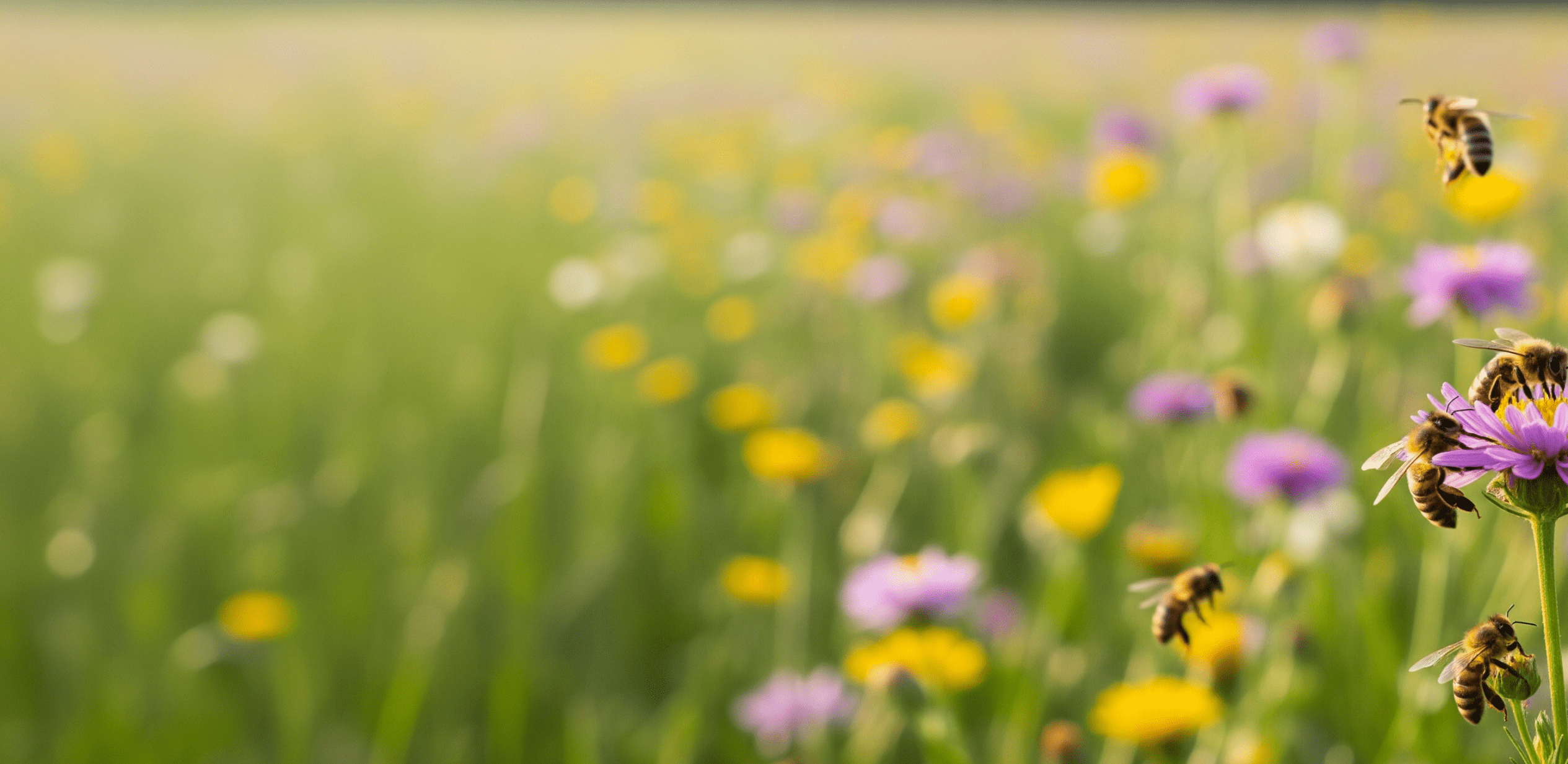 Honeybees pollinating purple and yellow wildflowers in a sunny meadow, representing the synergy between human expertise and AI tools to create a blooming business ecosystem.