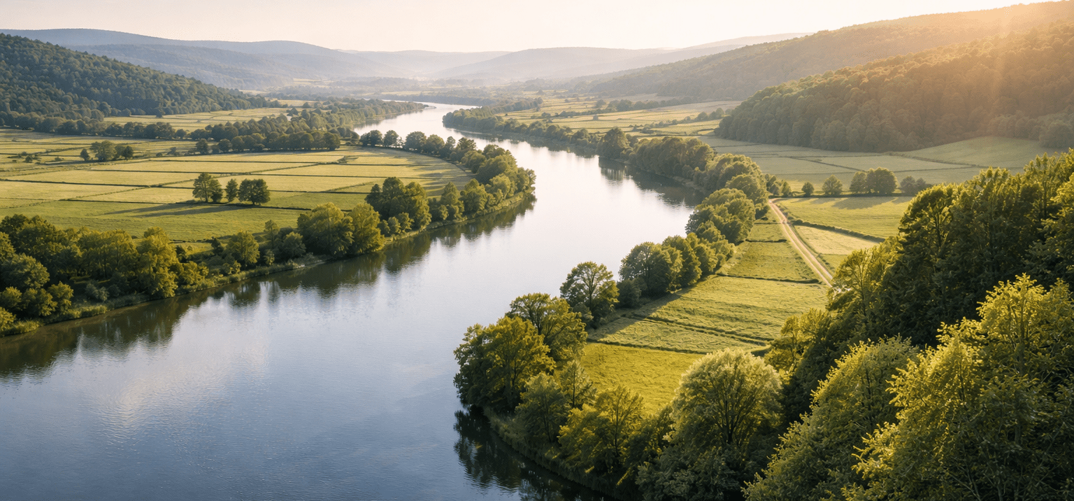 Zračni pogled na reko v zeleni dolini v jutranji svetlobi, simbol strukturiranega toka informacij in uporabe umetne inteligence v raziskavah