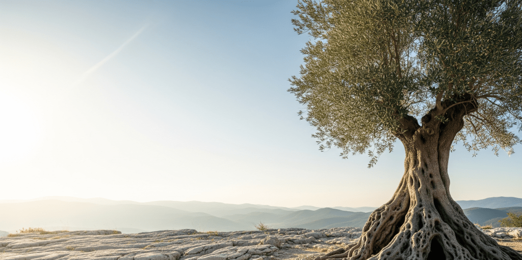 An ancient olive tree with deep, intricate roots firmly planted in rocky ground overlooking a vast landscape under a bright sky, symbolizing stability and long-term growth in the e-commerce customer experience journey.