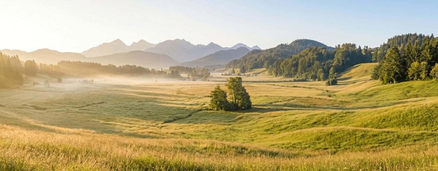 Wide-angle panoramic view of a lush green alpine valley at sunrise, with a light morning mist settling over the fields and layered mountain peaks in the background, symbolizing growth, vast potential, and a clear vision forward.
