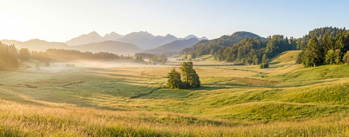 Wide-angle panoramic view of a lush green alpine valley at sunrise, with a light morning mist settling over the fields and layered mountain peaks in the background, symbolizing growth, vast potential, and a clear vision forward.