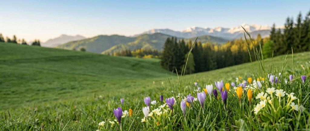 A vibrant green meadow filled with blooming spring wildflowers, including purple crocuses and yellow primroses, with rolling hills, dense pine forests, and majestic snow-capped mountains under a clear blue sky in the background.